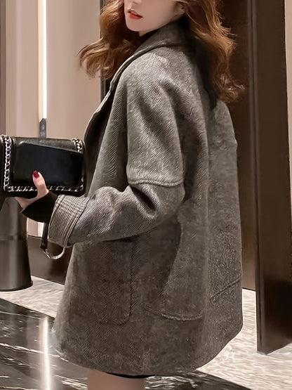 vlovelaw  Herringbone Button Front Blazer, Elegant Lapel Long Sleeve Blazer For Office & Work, Women's Clothing