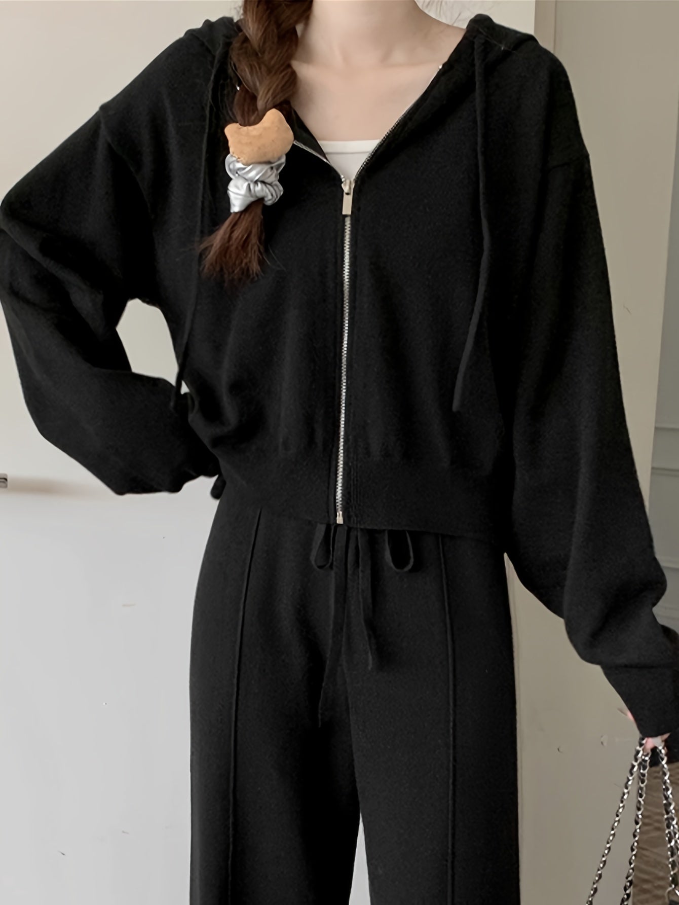 vlovelaw Zip Up Solid Hoodie, Casual Long Sleeve Drawstring Hoodie, Women's Clothing