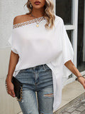 vlovelaw  Lace Trim Slanted Shoulder Blouse, Sexy Solid Batwing Sleeve Draped Blouse, Women's Clothing