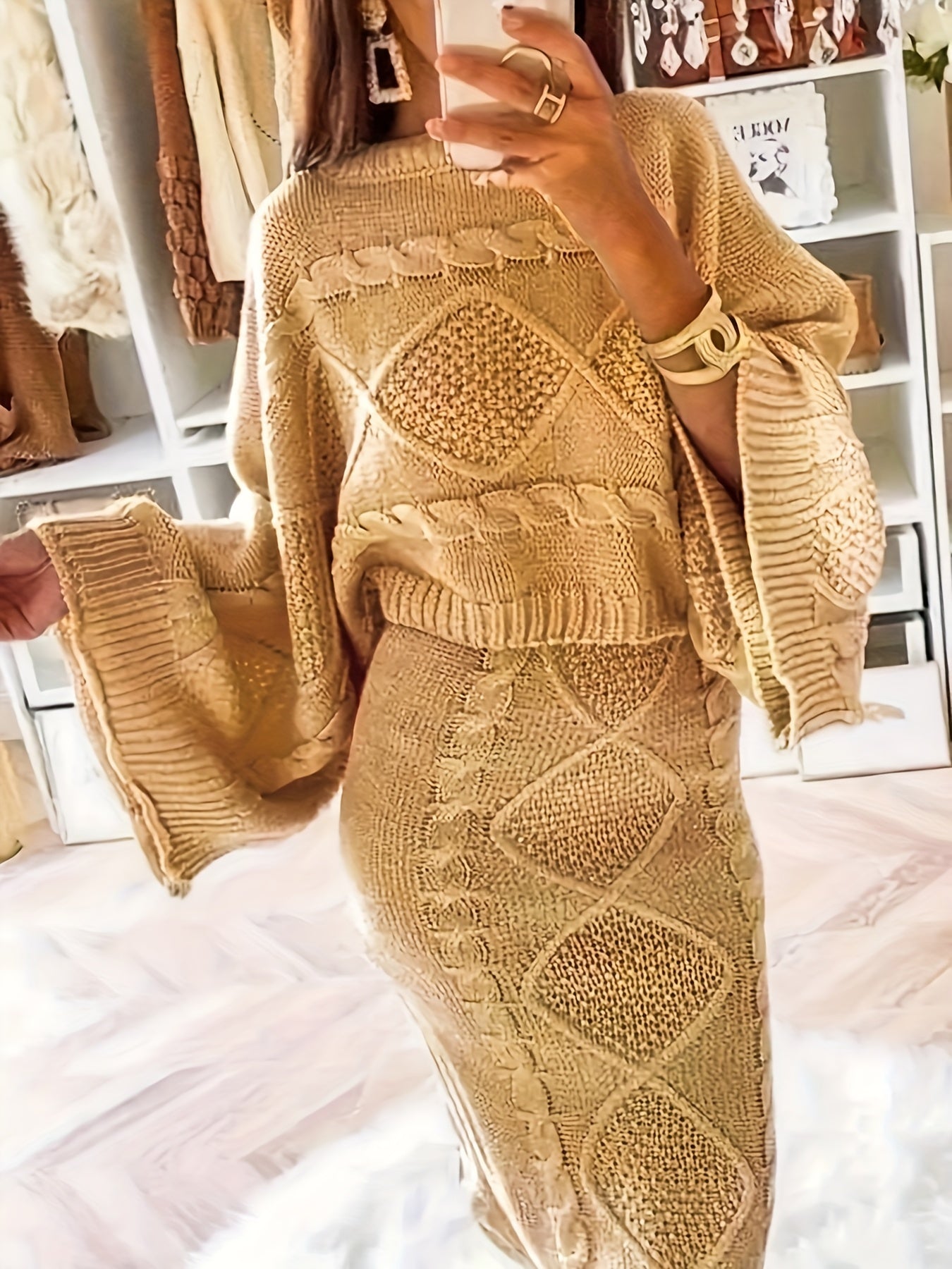 vlovelaw  Plus Size Casual Sweater Outfit Set, Women's Plus Solid Jacquard Bat Sleeve Round Neck Sweater & Skirt Outfits 2 Piece Set