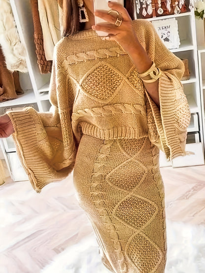 vlovelaw  Plus Size Casual Sweater Outfit Set, Women's Plus Solid Jacquard Bat Sleeve Round Neck Sweater & Skirt Outfits 2 Piece Set