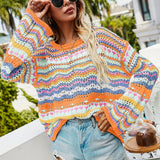 vlovelaw Hollow Striped Knit Sweater, Casual Crew Neck Long Sleeve Sweater, Women's Clothing