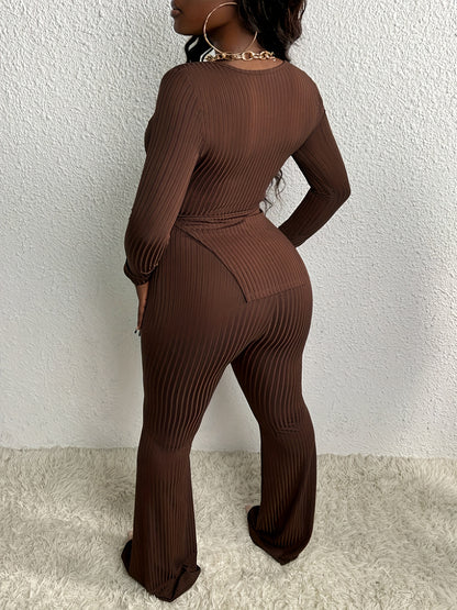 vlovelaw  Casual Ribbed Solid Color Pants Set, Sweetheart Neck Long Sleeve Split Hem Top & Flare Leg Pants Outfits, Women's Clothing