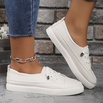 vlovelaw  Women's Solid Color Sneakers, Casual Lace Up Outdoor Shoes, Lightweight Low Top Faux Leather Shoes
