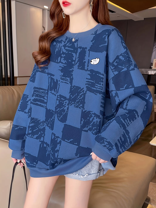vlovelaw Plaid Print Dog Sweatshirt, Casual Oversized Crew Neck Comfy Sweatshirt, Women's Clothing
