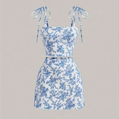 vlovelaw  Floral Print Elegant Skirt Set, Tie Shoulder Crop Cami Top & High Waist A-line Bodycon Mini Skirt Outfits, Women's Clothing