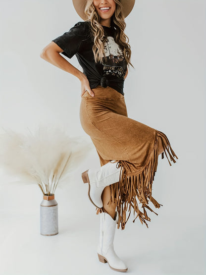 Tassel High Waist Skirts, Vintage Solid Midi Skirts For Spring & Fall, Women's Clothing