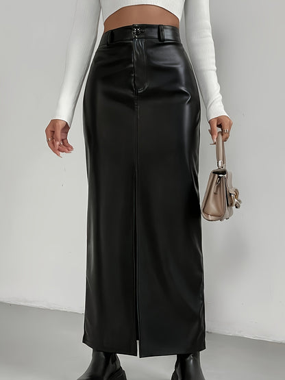 vlovelaw  Solid Button Front Skirt, Elegant Split High Waist Skirt, Women's Clothing