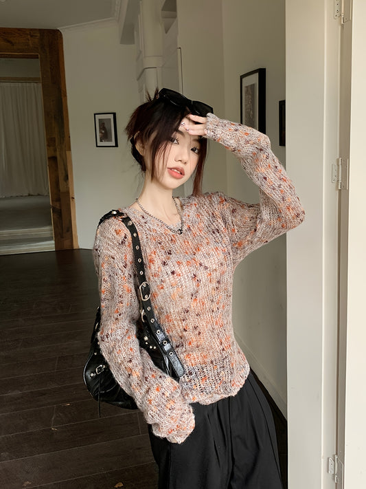 vlovelaw Colorful Dot Crew Neck Pullover Sweater, Casual Tied Back Long Sleeve Thin Knit Sweater, Women's Clothing