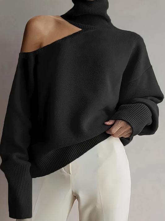 vlovelaw  Cut Out Solid Knit Sweater, Casual High Neck Long Sleeve Sweater, Women's Clothing