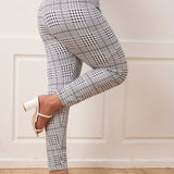 vlovelaw Plus Size Casual Pants, Women's Plus Houndstooth Print High Waist Medium Stretch Slim Fit Pants