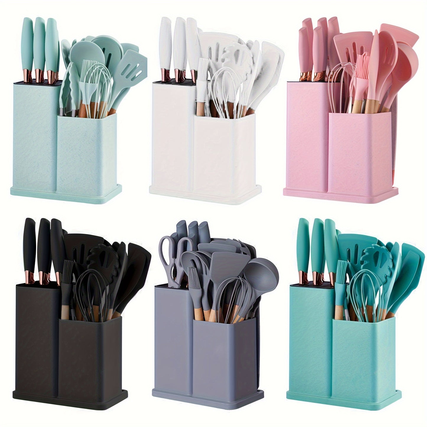 19-Piece Premium Silicone Kitchen Utensil Set With Wooden Handles And Chef Knifes - Heat-Resistant, Non-Stick Friendly Cooking Tools & Bamboo Storage Bucket - Selected Christmas Present For Cooking Enthusiasts