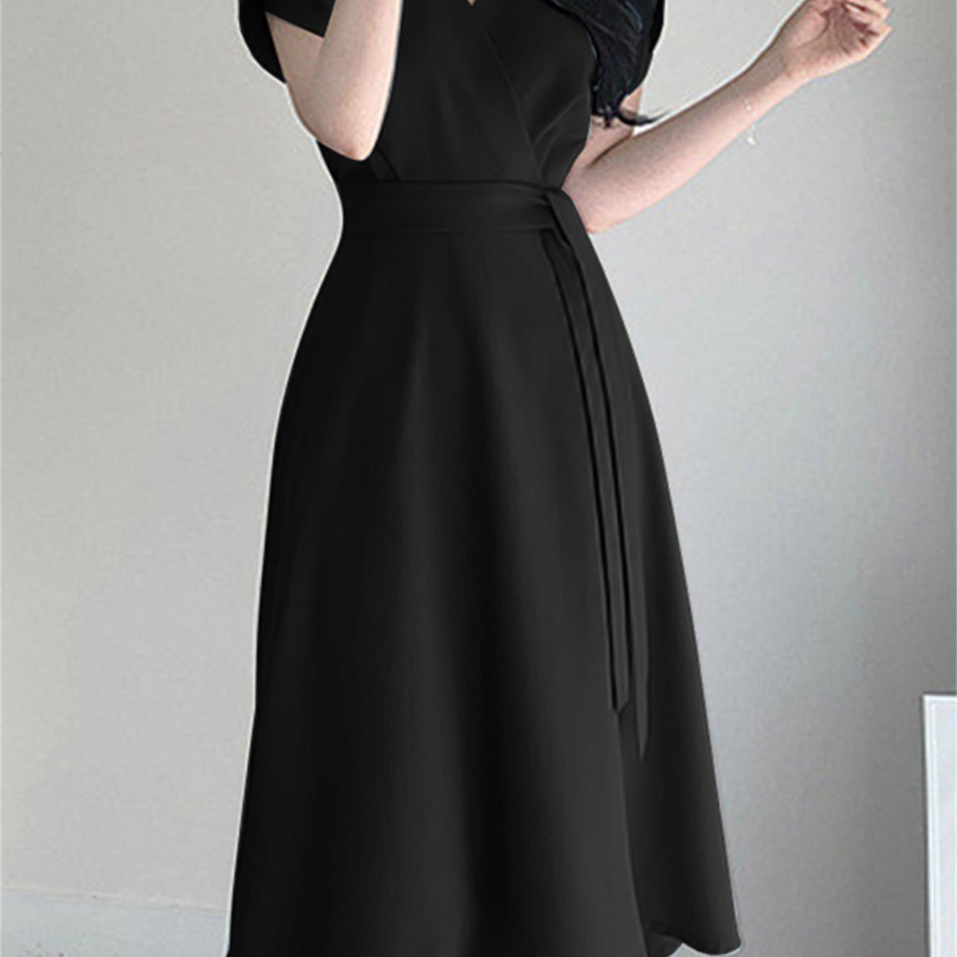 Belted Surplice Neck Solid Dress, Elegant Short Sleeve A-line Dress, Women's Clothing