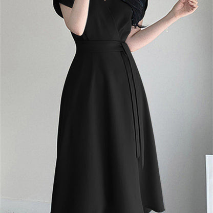 Belted Surplice Neck Solid Dress, Elegant Short Sleeve A-line Dress, Women's Clothing