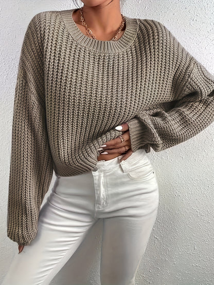 vlovelaw  Crew Neck Rib Knit Sweater, Casual Drop Shoulder Oversized Long Sleeve Loose Fall Winter Knit Sweater, Women's Clothing
