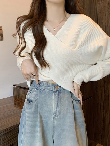Solid Cross Front Pullover Sweater, Elegant V Neck Long Sleeve Knit Sweater, Women's Clothing