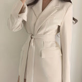 Solid Lapel Belted Blazer, Elegant Long Sleeve Blazer For Spring & Fall, Women's Clothing