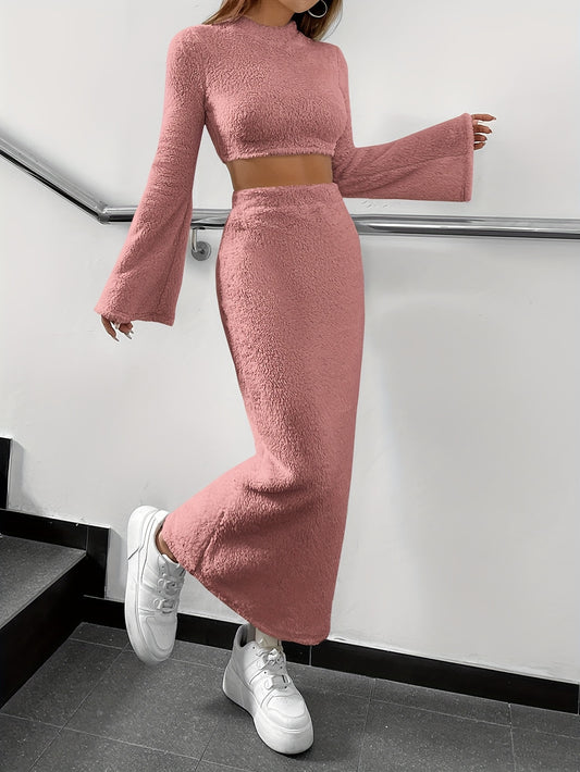 Casual Solid Plush Two-piece Skirt Set, Flare Sleeve Crop Top & Split Hem Skirt Outfits, Women's Clothing