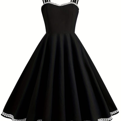 vlovelaw Solid Spaghetti Strap Dress, Vintage A Line Sleeveless Party Dress, Women's Clothing