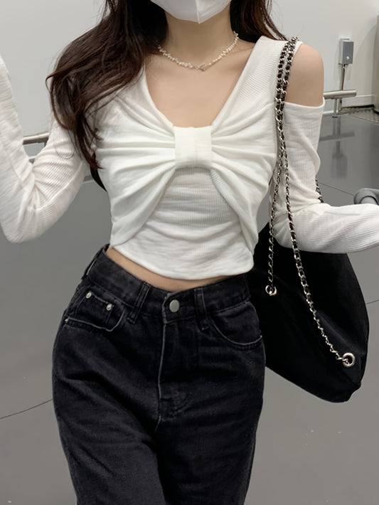 vlovelaw Cold Shoulder Bow T-Shirt, Chic Long Sleeve Gathered Crop Top For Spring & Fall, Women's Clothing