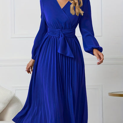 Solid Surplice Neck Belted Dress, Elegant Pleated Long Sleeve Midi Dress For Spring & Fall, Women's Clothing