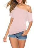 vlovelaw  Solid Slanted Shoulder Short Sleeve T-shirt, Asymmetrical Casual Loose Summer T-shirt, Women's Clothing