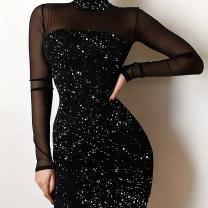 Sheer Splicing Dress, Sexy Solid High Collar Long Sleeve Bodycon Evening Dress, Women's Clothing