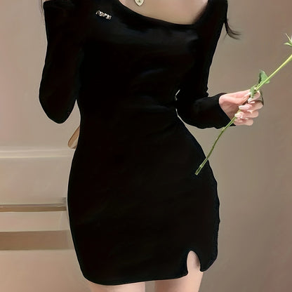 vlovelaw  Solid Cut Out Tie Back Dress, Elegant Asymmetrical Bodycon Long Sleeve Dress For Spring & Fall, Women's Clothing