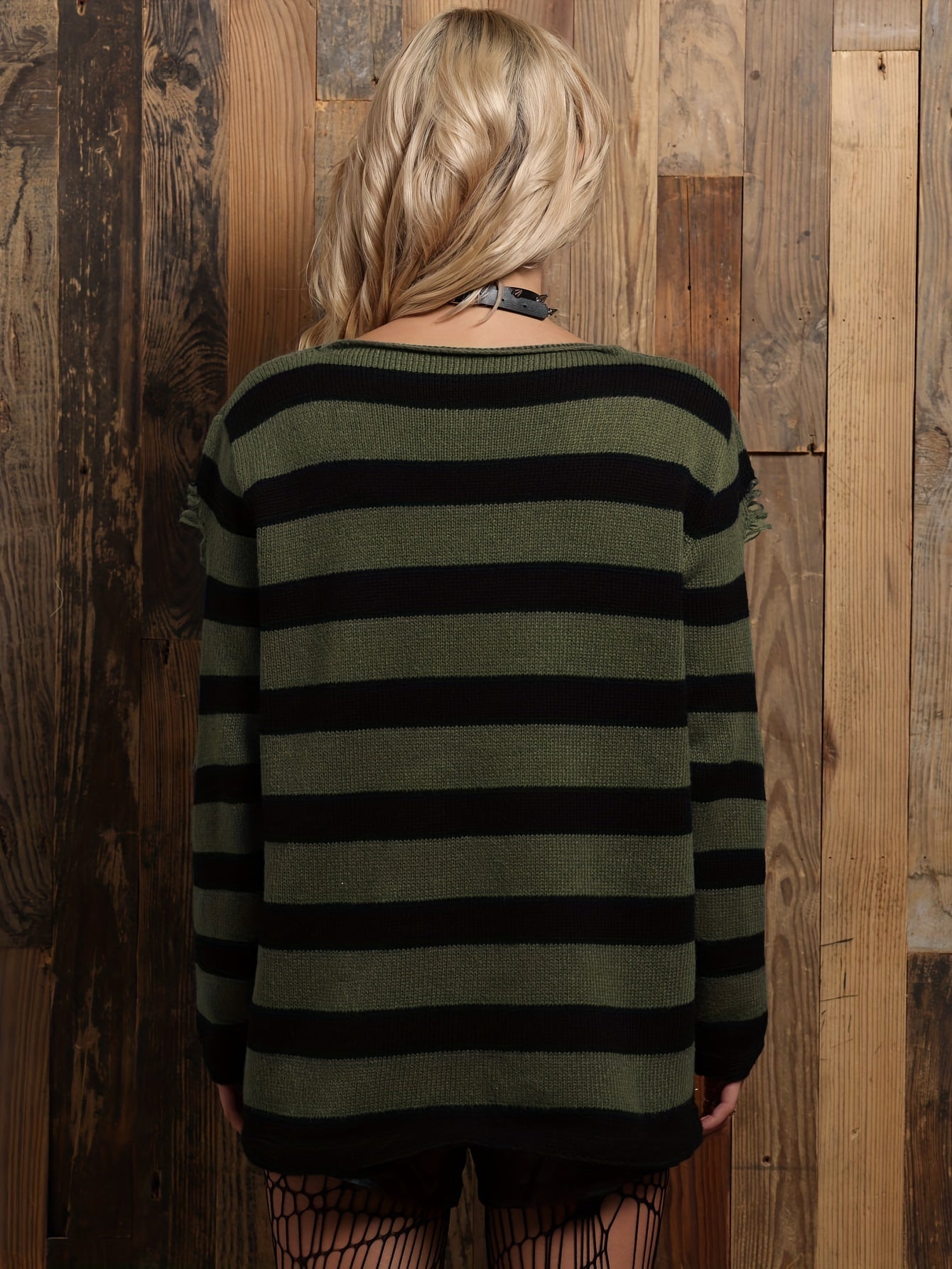 vlovelaw Grunge Striped Print Ripped Knit Sweater, Street Wear Long Sleeve Sweater, Women's Clothing