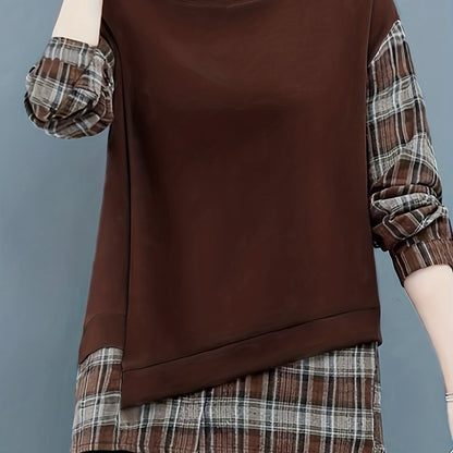 vlovelaw  Long Sleeve Plaid Pullover, Crew Neck Casual Top For Spring & Fall, Women's Clothing