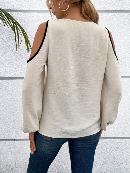vlovelaw  Color Block Cold Shoulder Blouse, Casual Long Sleeve Top, Women's Clothing