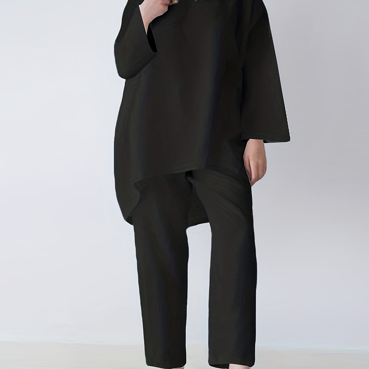 Solid Casual Two-piece Set, Long Sleeve Crew Neck Loose Tops & Wide Leg Pants Outfits, Women's Clothing