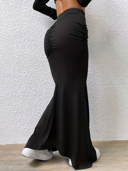vlovelaw Solid Ruched High Waist Skirt, Elegant Slim Bodycon Skirt For Spring & Fall, Women's Clothing