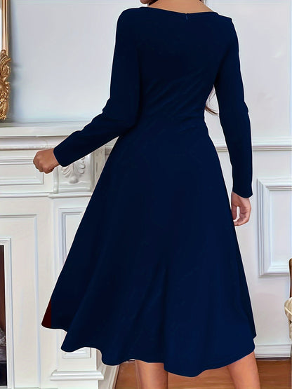 Solid Crew Neck Pleated Dress, Elegant Long Sleeve Swing Dress For Spring & Fall, Women's Clothing