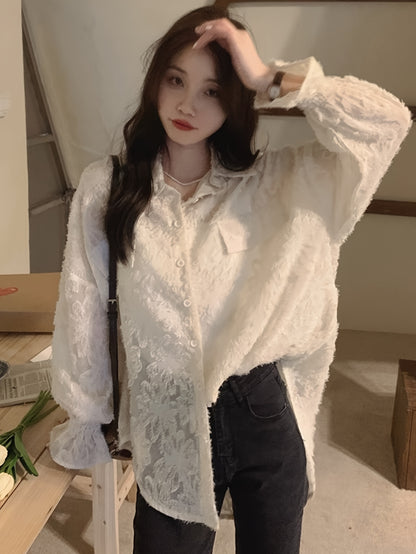 vlovelaw Floral Pattern Button Front Lace Blouse, Elegant Long Sleeve Loose Stylish Top, Women's Clothing