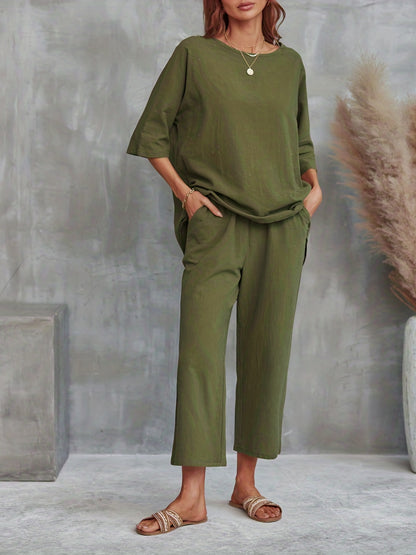 vlovelaw  Solid Casual Two-piece Set, Crew Neck Half Sleeve Tee & Wide Leg Pants Outfits, Women's Clothing