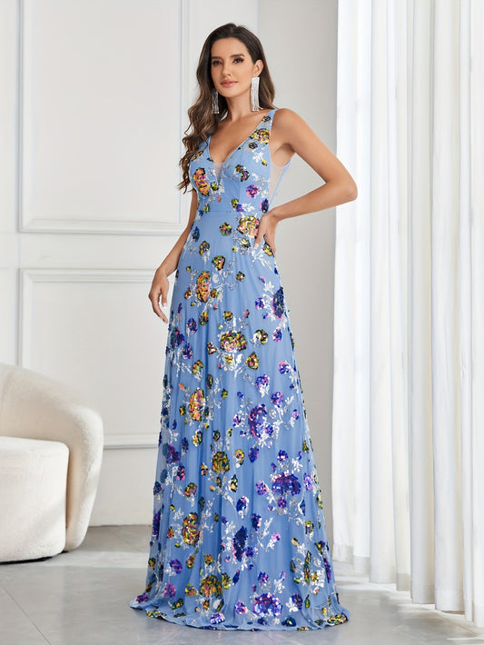 vlovelaw  Floral Sequined V Neck Maxi Dress, Elegant Sleeveless Backless Cinched Waist Wedding Dress, Women's Clothing