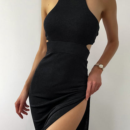 vlovelaw  Cut Out Halter Neck Dress, Stylish Backless Split Hem Slim Tied Dress, Women's Clothing