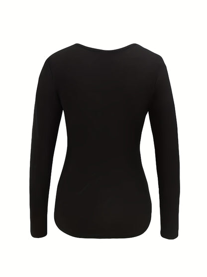 Solid Beaded Slim T-Shirt, Versatile Long Sleeve T-Shirt For Spring & Fall, Women's Clothing