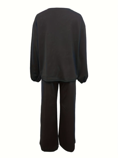 vlovelaw Casual Solid Two-piece Set, V Neck Long Sleeve Top & Wide Leg Pants Outfits, Women's Clothing