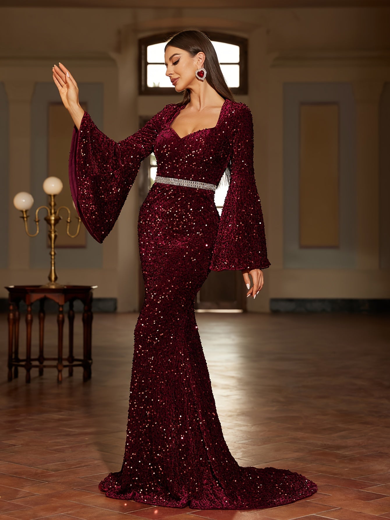 vlovelaw  Sequin Sweetheart Neck Dress, Elegant Flare Sleeve Mermaid Hem Dress For Party & Banquet, Women's Clothing