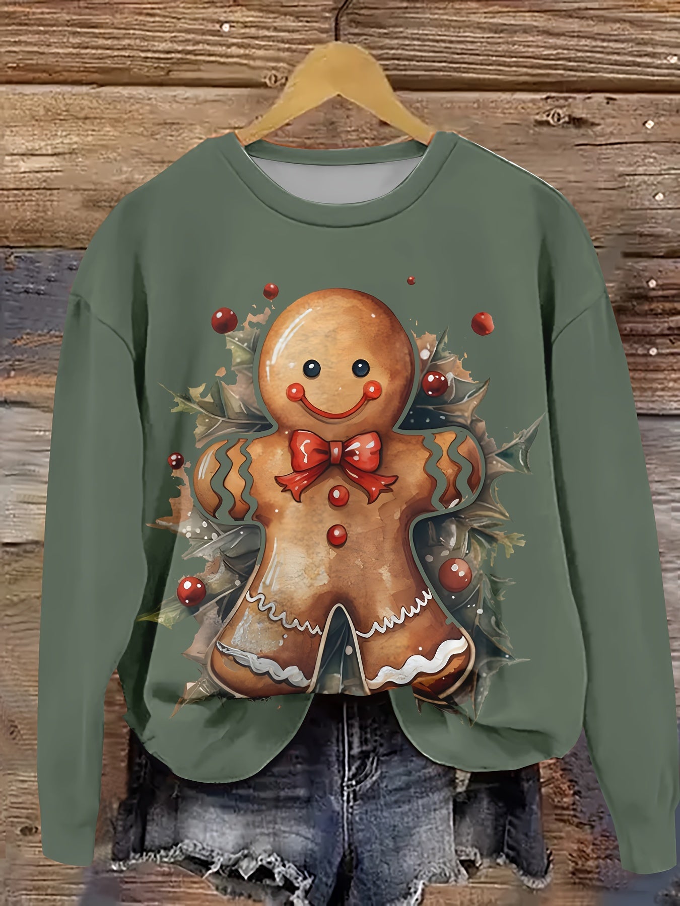 Women's Cute Christmas Gingerbread for Man Print Sweatshirt - Cozy Polyester, Machine Washable, Round Neck Pullover for All Seasons