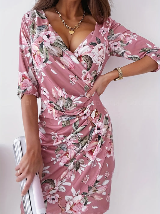 vlovelaw  Floral Print Surplice Neck Ruched Dress, Elegant Cinched Waist 3/4 Sleeve Slim Dress, Women's Clothing