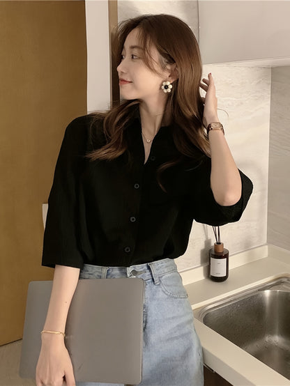 vlovelaw  Solid Button Front Simple Shirt, Casual Half Sleeve Shirt For Spring & Fall, Women's Clothing