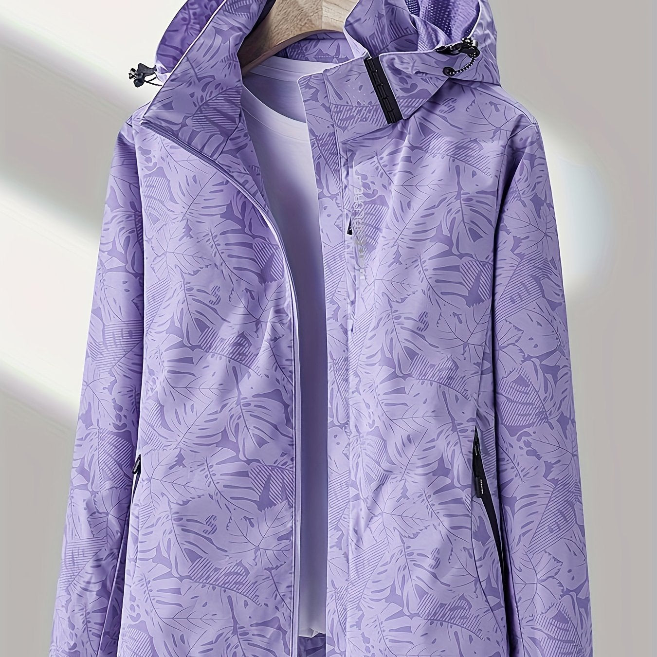 vlovelaw  Leaf Print Outdoor Jacket With Removable Hood, Women's Windproof & Rainproof Jacket, Women's Outdoor Clothing