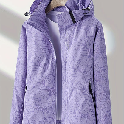vlovelaw  Leaf Print Outdoor Jacket With Removable Hood, Women's Windproof & Rainproof Jacket, Women's Outdoor Clothing