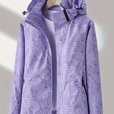vlovelaw  Leaf Print Outdoor Jacket With Removable Hood, Women's Windproof & Rainproof Jacket, Women's Outdoor Clothing