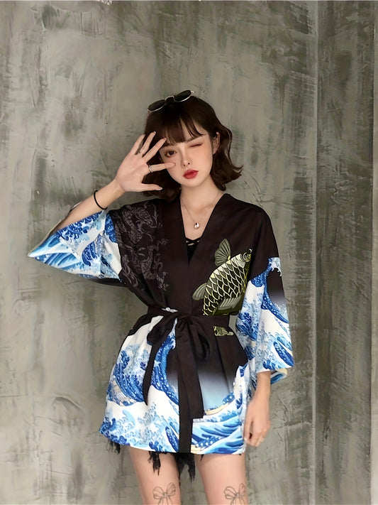 vlovelaw  Wave & Carp Print Japanese Kimono, Casual Open Front Kimono, Women's Clothing