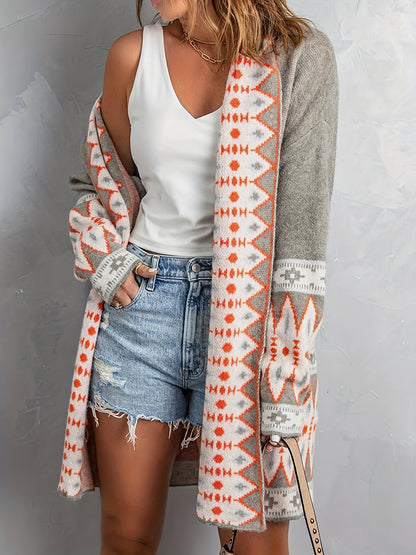 Aztec Print Knit Cardigan, Vintage Open Front Long Sleeve Sweater, Women's Clothing