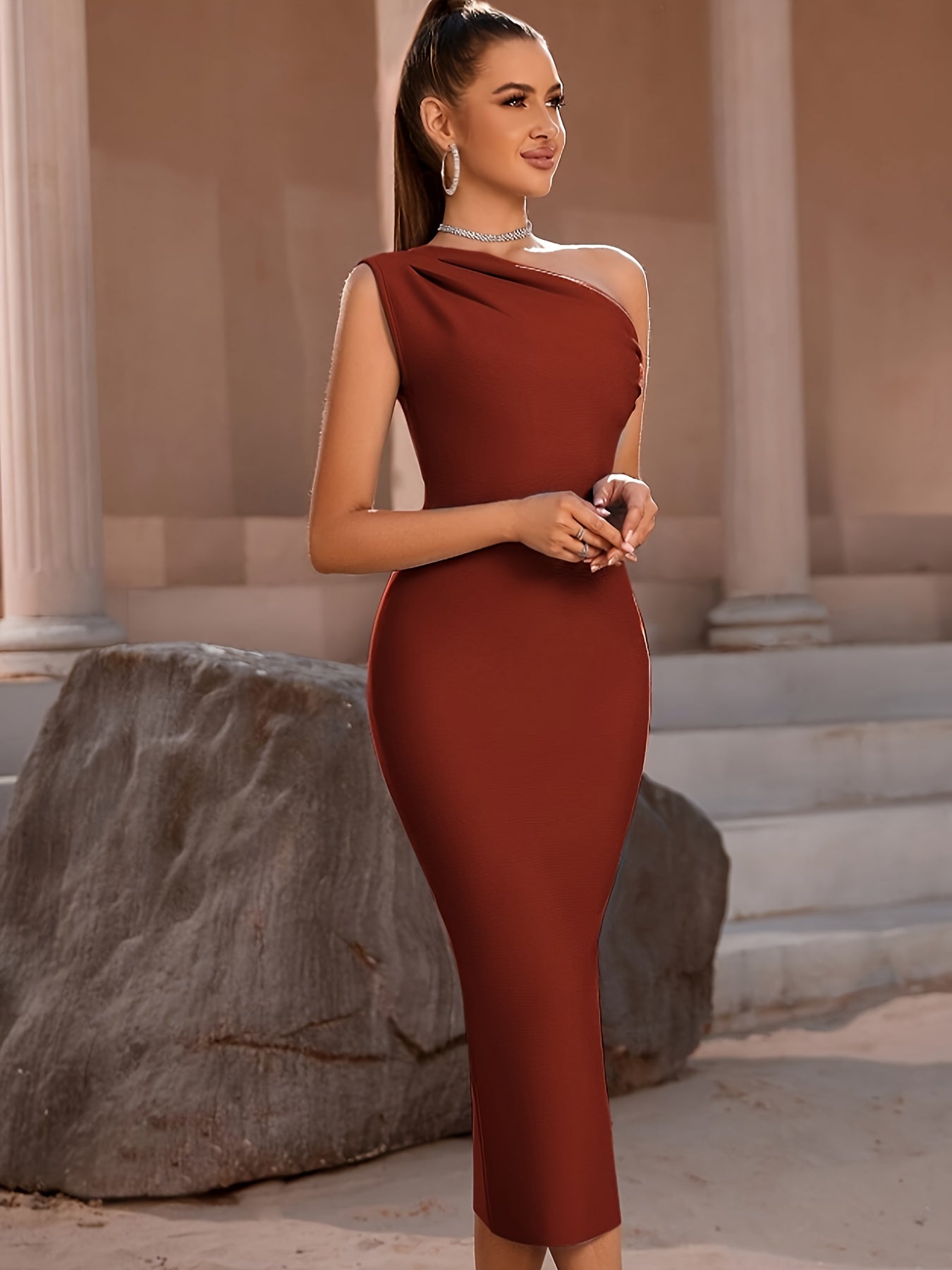 vlovelaw Solid One Shoulder Split Hem Dress, Elegant Sleeveless Bodycon Dress For Party & Banquet, Women's Clothing